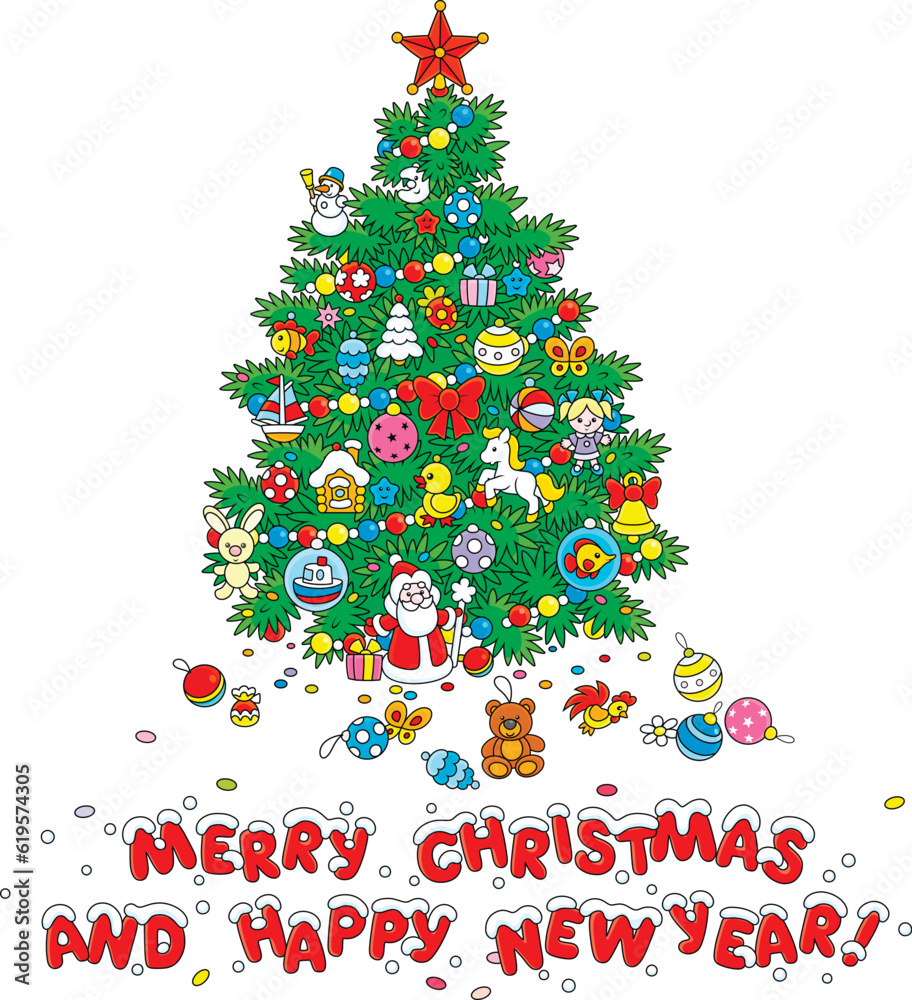 Happy New Year and merry Christmas card with a pretty green fir tree decorated with funny colorful toys, bright balls and garlands, vector cartoon illustration on a white background Happy New Year and merry Christmas card with a pretty green fir tree decorated with funny colorful toys, bright balls and garlands, vector cartoon illustration on a white background
