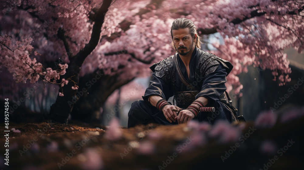 A samurai holding a sword in a traditional Japanese sitting  in a sakura garden 