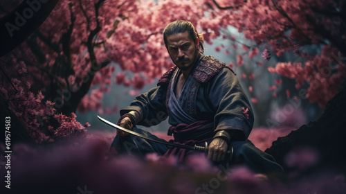 A samurai holding a sword in a traditional Japanese fighting pose in a sakura garden 