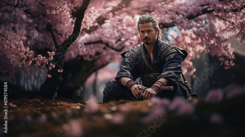 A samurai holding a sword in a traditional Japanese sitting in a sakura garden 