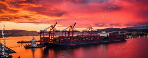 Panoramic view of Container Cargo freight ship with working crane bridge at sunset for Logistic Import Export background © lebanmax