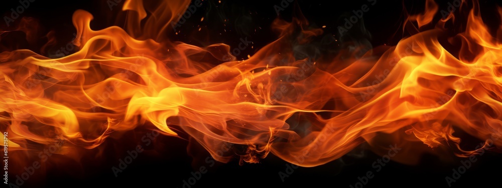 Closeup of burning flames, fire, barbeque fire, grilling, campfire, barbecue background banner long, isolated on black background (Generative Ai) Closeup of burning flames, fire, barbeque fire, grilling, campfire, barbecue background banner long, isolated on black background (Generative Ai)
