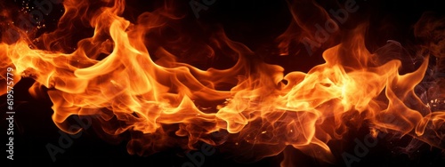 Closeup of burning flames, fire, barbeque fire, grilling, campfire, barbecue background banner long, isolated on black background (Generative Ai)
