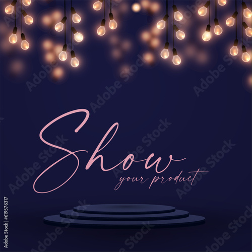 Product display with light garlands. Podium. Empty scene with light effect.