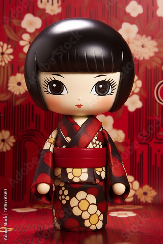 Generative ai. Japanese kokeshi doll with short hair and kimono