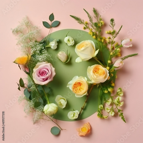Flowers composition on pastel pink background. Flat lay, top view