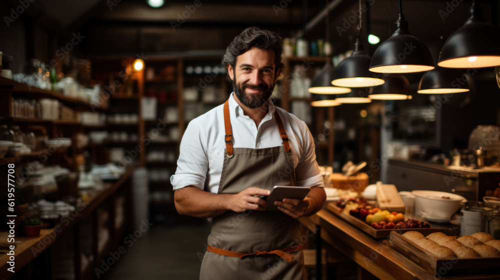 Restaurant chef orders groceries to kitchen using tablet computer created with generative AI technology Restaurant chef orders groceries to kitchen using tablet computer created with generative AI technology