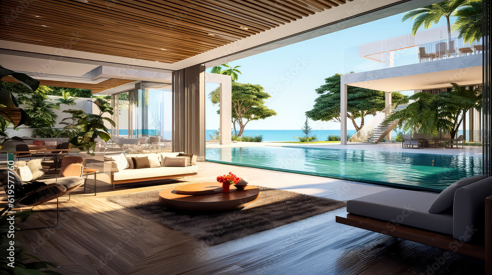 3D render, Modern Interior and pool villa Concept: Embracing the Timeless Elegance and Tranquility of Aesthetics, Creating a Harmonious Fusion of Indoor and Outdoor Spaces