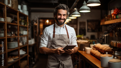 Restaurant chef orders groceries to kitchen using tablet computer created with generative AI technology photo