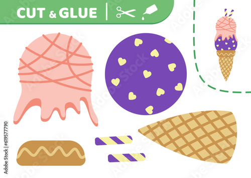 Waffle cone. Ice cream. Cut and glue. Ice cream with scoops. Applique. Paper game. Vector