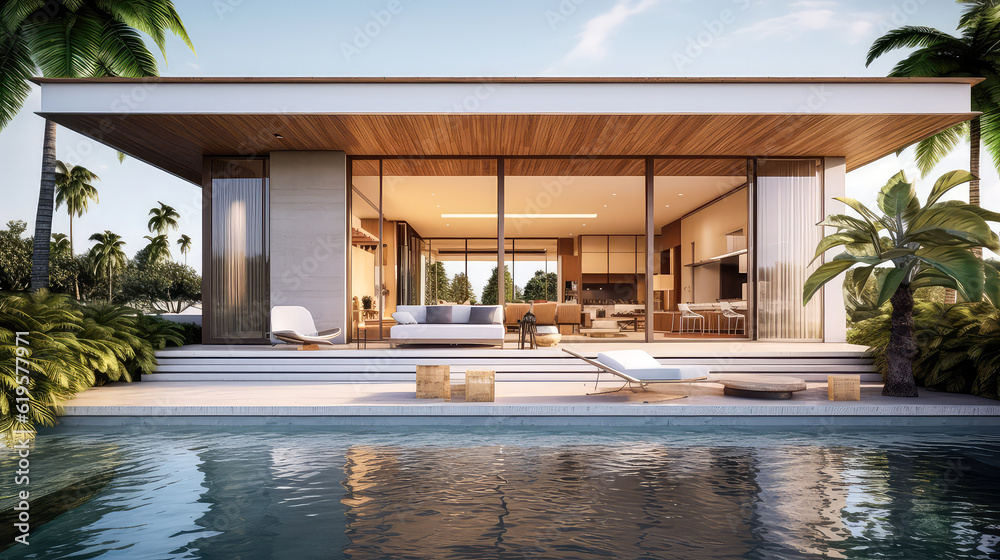 3D render, Modern Interior and pool villa Concept: Embracing the Timeless Elegance and Tranquility of Aesthetics, Creating a Harmonious Fusion of Indoor and Outdoor Spaces