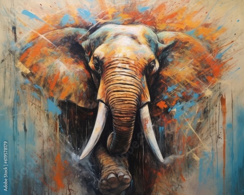 Elephant form and spirit through an abstract lens. dynamic and expressive Elephant print by using bold brushstrokes, splatters, and drips of paint. Elephant raw power and untamed energy