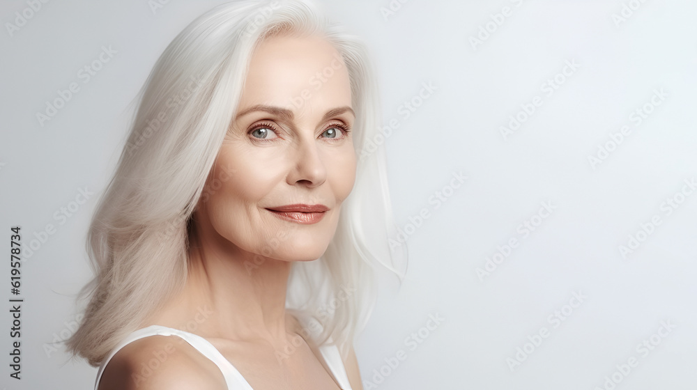 Beautiful gorgeous middle aged 50s mature woman with gray long hair looking at camera isolated on light gray studio background with copy space. Healthy middle age skin care cosmetics. AI generative