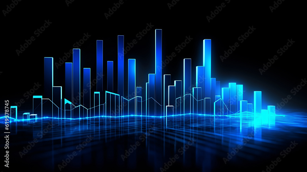 Blue and cyan neon bars chart, business growth and development and financial and investment data analysis. created AI