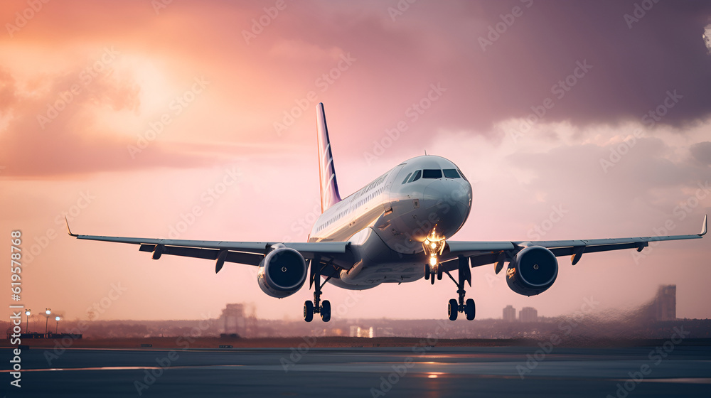 Fototapeta premium Side view close-up Passenger plane landing on the runway of a modern airport in the city against the backdrop of a storm and a sunset in pink and purple tones. Generation AI