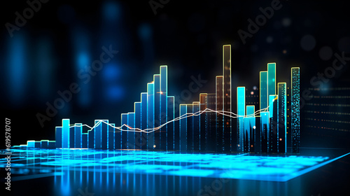 Blue and cyan neon bars chart, business growth and development and financial and investment data analysis. created AI