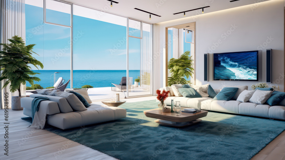 3D render, Modern Interior Ocean Concept: Embracing the Timeless Elegance and Tranquility of Aesthetics, Creating a Harmonious Fusion of Indoor and Outdoor Spaces 3D render, Modern Interior Ocean Concept: Embracing the Timeless Elegance and Tranquility of Aesthetics, Creating a Harmonious Fusion of Indoor and Outdoor Spaces