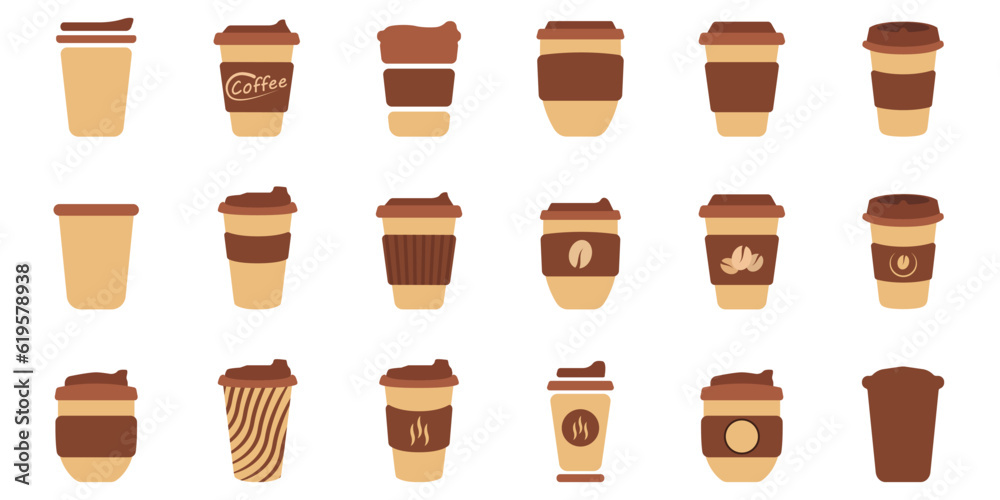 Coffee cups vector set. Modern logos of coffee cups. A set of paper cups. Stylish set of logos of coffee cups. Vector illustration.