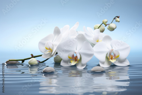 White orchid flowers in water, spa concept Generative AI