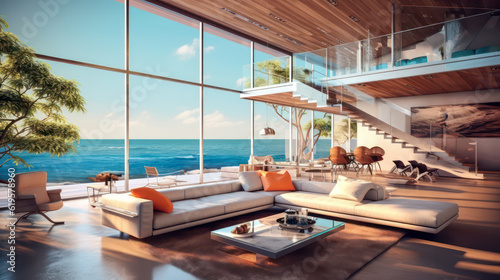 3D render, Modern Interior Ocean Concept: Embracing the Timeless Elegance and Tranquility of Aesthetics, Creating a Harmonious Fusion of Indoor and Outdoor Spaces © Nuchjara