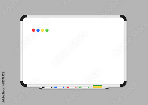 Whiteboard. Realistic Empty office white marker board. Whiteboard with marker pens and a sponge. Mock-up office white blackboard. Office Whiteboard template. Vector illustration