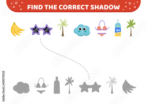 Summer elements. Find the correct shadow. Banana, palm, cream. Shadow matching game. Cartoon, vector © Aleksandra