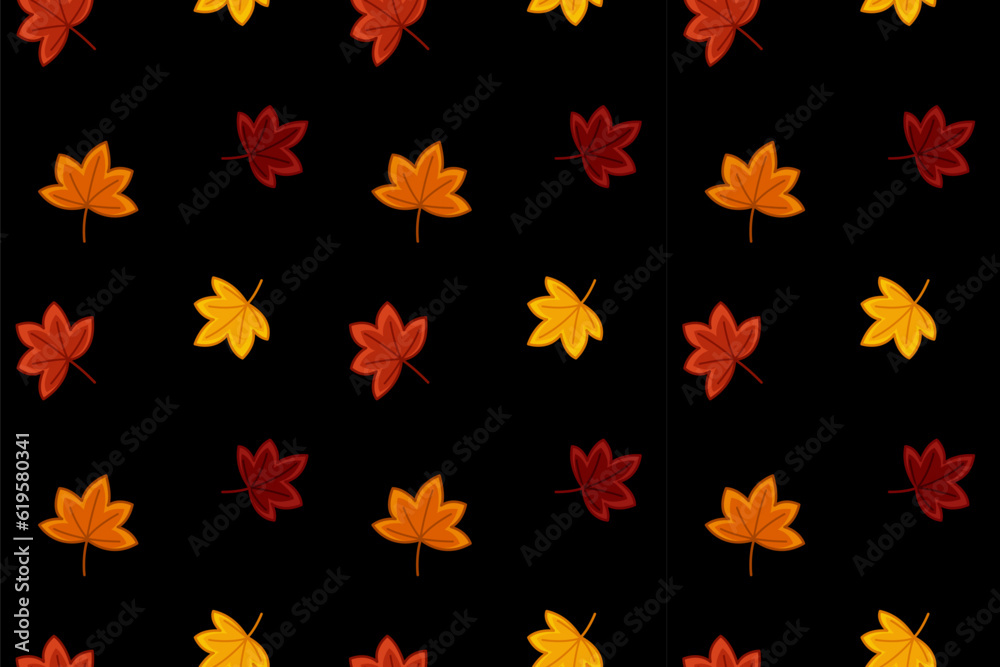 Sycamore on autumn seamless pattern on black background. Red, orange, yellow leaves. Cartoon, Vector Sycamore on autumn seamless pattern on black background. Red, orange, yellow leaves. Cartoon, Vector