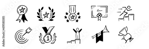 Hand drawn doodle set of success, goal, award, medal, ribbon, certificate, winner, fanfare, reward. Vector icon illustration