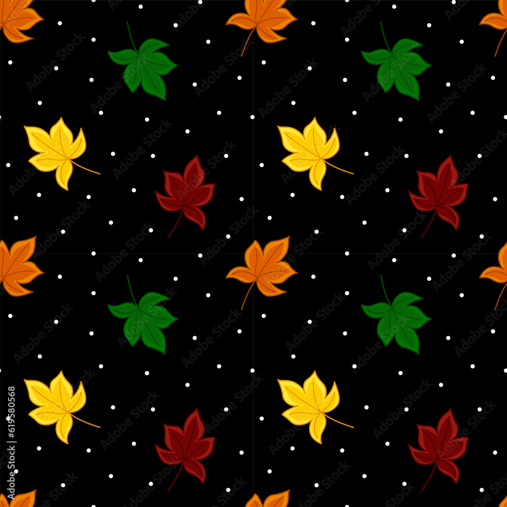 Leaves of maple on seamless pattern on black background. Cartoon, Vector