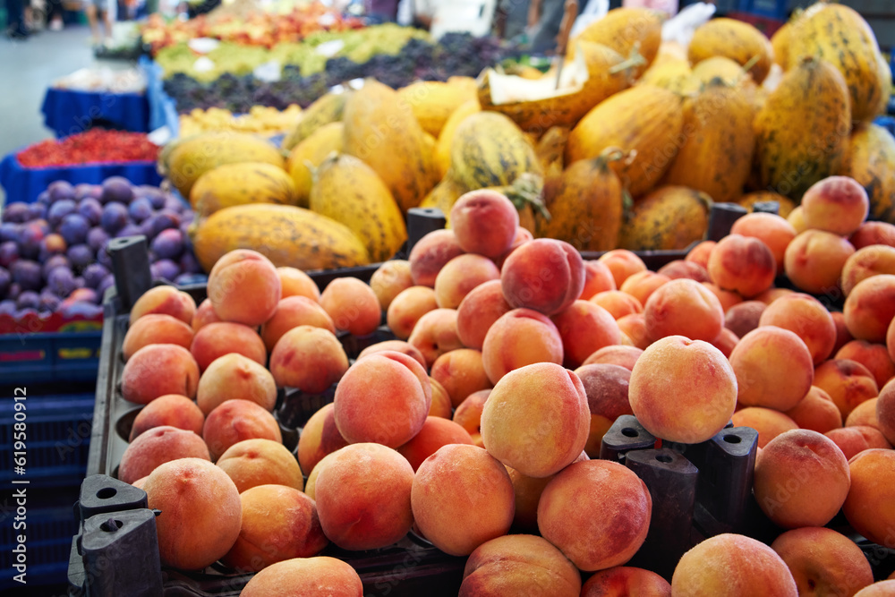 Fresh fruits on display at the farmers market Fresh fruits on display at the farmers market