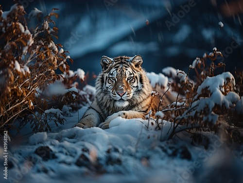 Cute Tiger cub playing in snow winter, Generative ai Stock