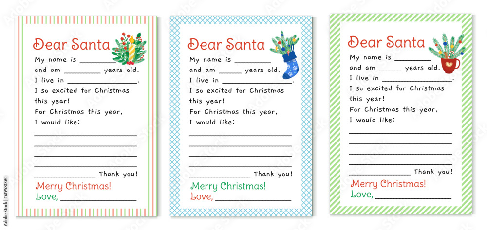 Set of letters to Santa Claus. Template for letter for Santa. Flat, cartoon, vector
