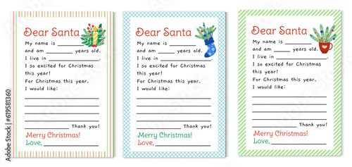 Set of letters to Santa Claus. Template for letter for Santa. Flat, cartoon, vector