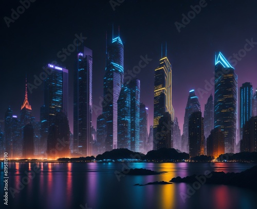 Captivating cityscape with illuminated skyscrapers and reflective office buildings at night.