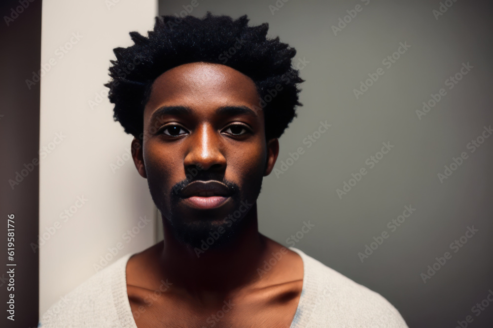 Digital portrait of Depressed young black man against wall at home. Mental health concept. Generative AI Digital portrait of Depressed young black man against wall at home. Mental health concept. Generative AI