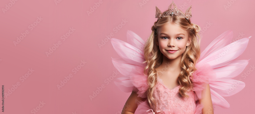 Cute Young Girl Dressed as a Fairy Princess for Halloween on an Pink Banner with Space for Copy Cute Young Girl Dressed as a Fairy Princess for Halloween on an Pink Banner with Space for Copy