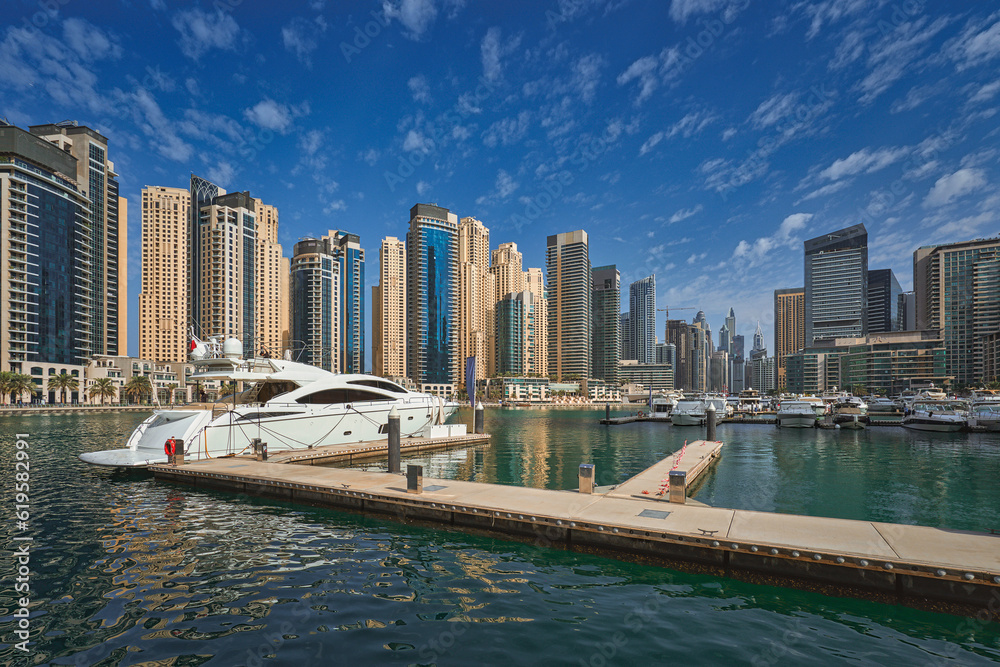 Fototapeta premium United Arab Emirates, Dubai Marina skyline cityscape from the bay.