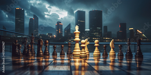 Wallpaper Mural Chess pieces on the background of skyscrapers. Generative AI. Torontodigital.ca