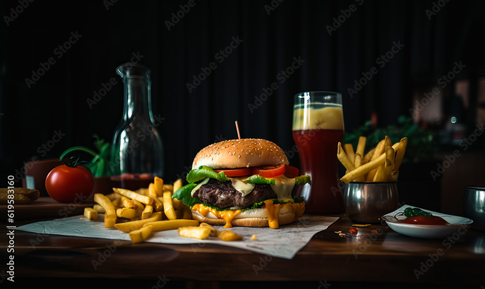 Burger and French fries on the napkin on wooden table. Caloric meals with fast food. Black backdrop. Generative AI.