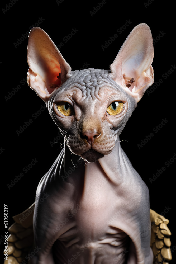 Sphinx cat with wrinkles on its head. Close up portrait of a feline at black backdrop. Generative AI.