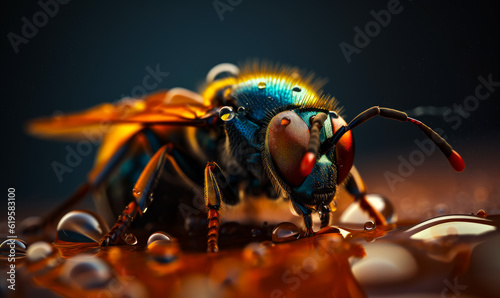 Macro shot of bee sitting its head to camera. Useful honey insect drinking water from drops. Close up. Generative AI.