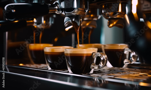 Coffee machine in a restaurant or bar. Hot thick aromatic drink pouring into glass cups. Generative AI.