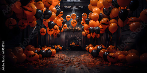 salle décorée pour halloween avec des ballons noirs et oranges photo