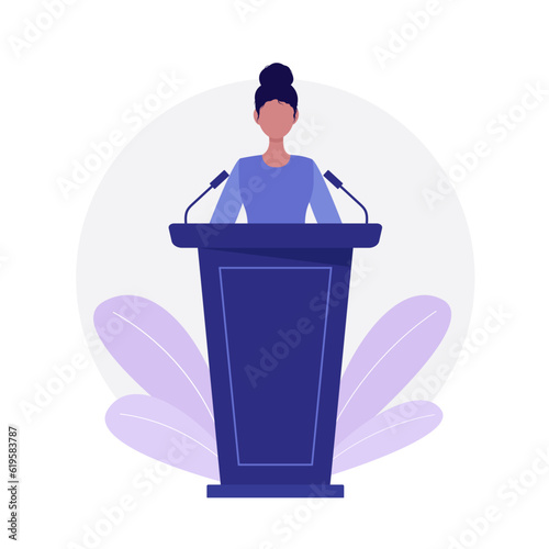 A woman speaker with a bun of hair speaks to the public on the podium. Vector illustration in flat style. Isolated on a white background.
