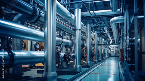 Industrial area. Steel pipelines valves and pumps in huge factory building © Milan