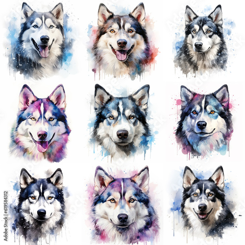 Set of dogs breed Siberian Husky painted in watercolor on a white background in a realistic manner. Ideal for teaching materials, books and designs, postcards, posters. © Mari Dein