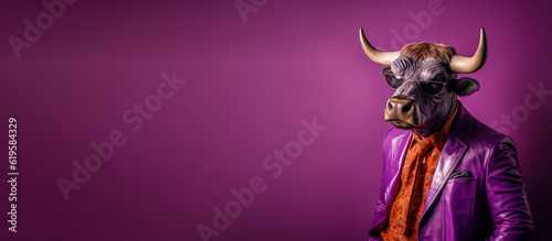 Cool looking bull with horns wearing funky fashion dress - jacket, tie, glasses. Wide banner with space for text left side. Stylish animal posing as supermodel. Generative AI