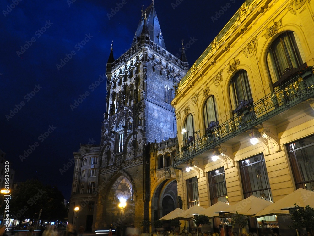 Night view of Historical buildings of Prague (Powder gate tower and Municipal Hall)