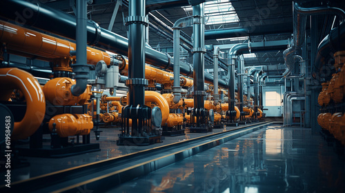 Industrial area. Steel pipelines valves and pumps in huge factory building © Milan