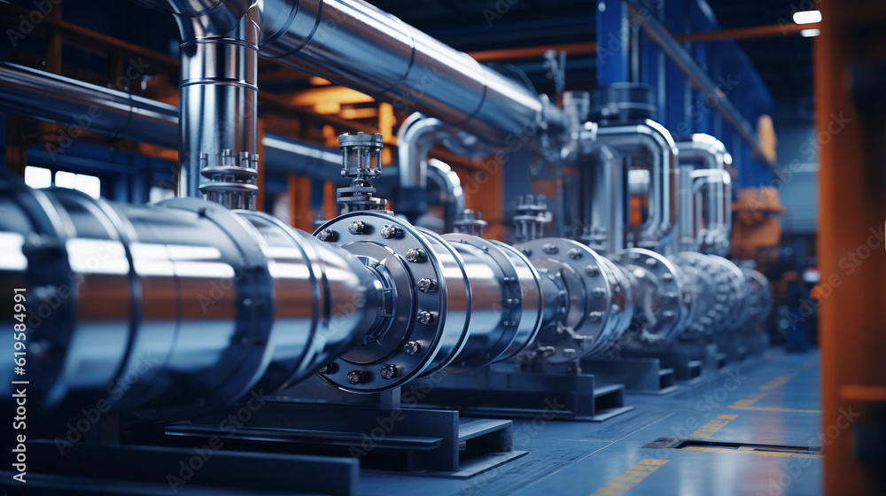 Industrial area. Steel pipelines valves and pumps in huge factory building Industrial area. Steel pipelines valves and pumps in huge factory building